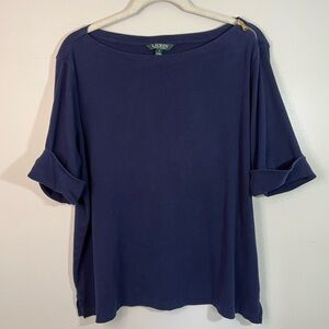 Lauren Ralph Lauren Bateau Neck Navy Blue Cuffed Sleeve Boatneck Top Women’s 2X